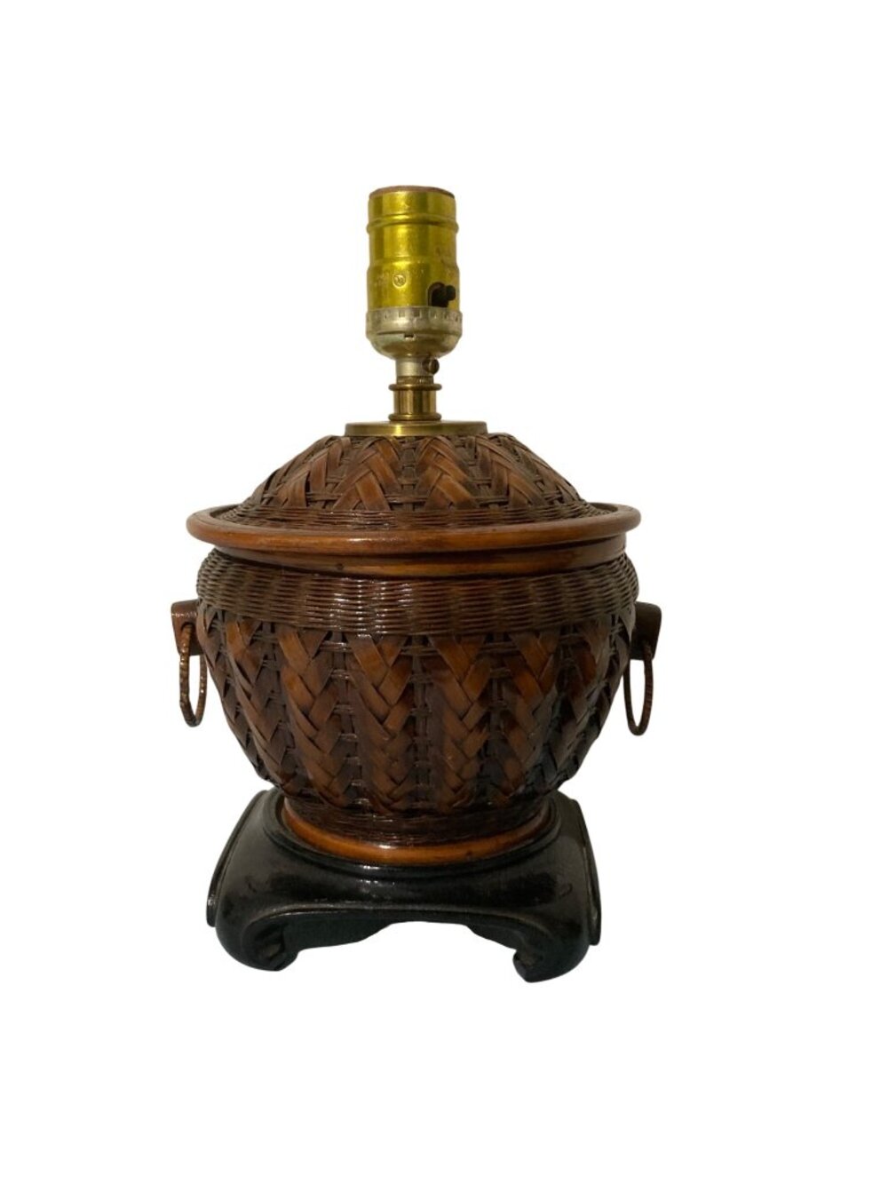 Vintage Woven Wicker Table Lamp With Wooden Base